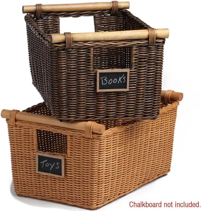 The Basket Lady Pole Handle Wicker Storage Basket, Medium, 16 in L x 12 in W x 8.25 in H, Antique Walnut Brown by GreenHaven Gardens