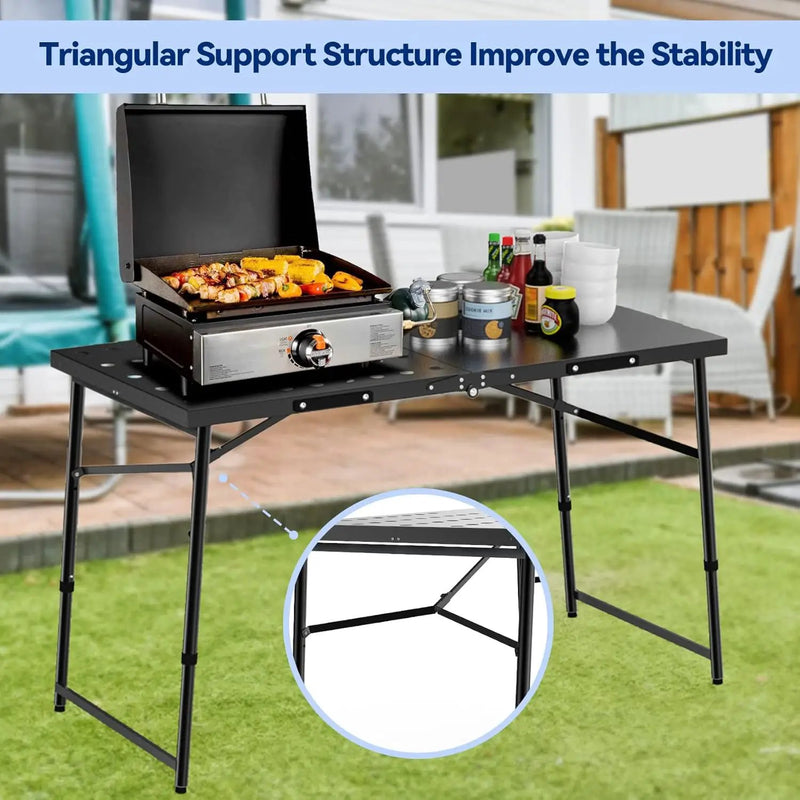 Skyflame Folding Camping Table with Adjustable Height Legs, Black Metal Portable Outdoor Grill Stand Table with Handle for BBQ, Grilling, Camping Trip, RV, Picnic, Backyards, Tailgating by GreenHaven Gardens