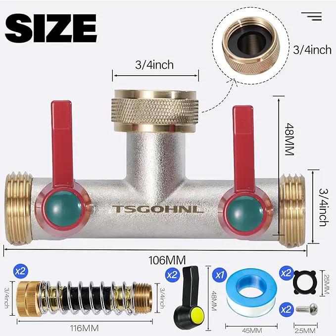 Brass Garden Hose Splitter, 2-Way Heavy Duty Faucet Splitter, 180° longitudinal，Frost Resistant Faucet Diverter for GHT 3/4" Connectors，2 protectors to prevent hose kinking by GreenHaven Gardens
