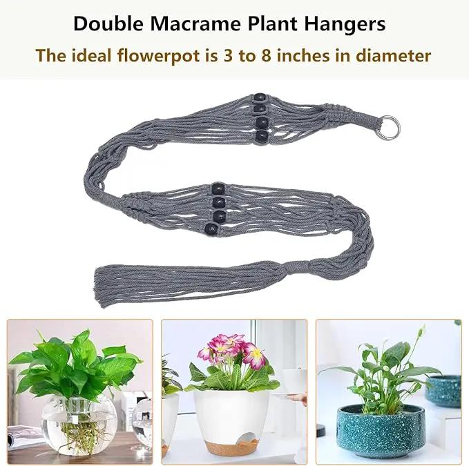 Belit 2 Pack Double Macrame Plant Hangers 2 Tier Hanging Planter Basket Decorative Flower Pot Holder Rope for Indoor Outdoor Home Decor 51 Inch, Grey by GreenHaven Gardens