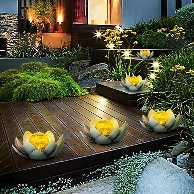 Huaxu Solar Lights Outdoor Garden Decor , Amber Crackle Globe Glass Lotus Decoration,Waterproof Gray Metal Flower Light for Patio,Lawn,Walkway,Tabletop,Ground by GreenHaven Gardens