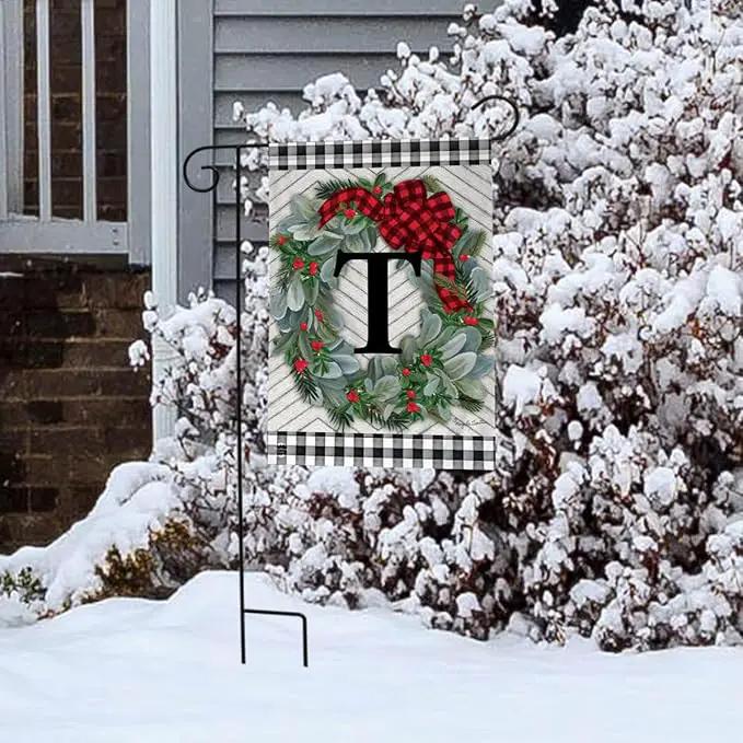 Briarwood Lane Winter Wreath Monogram Letter T Garden Flag by GreenHaven Gardens