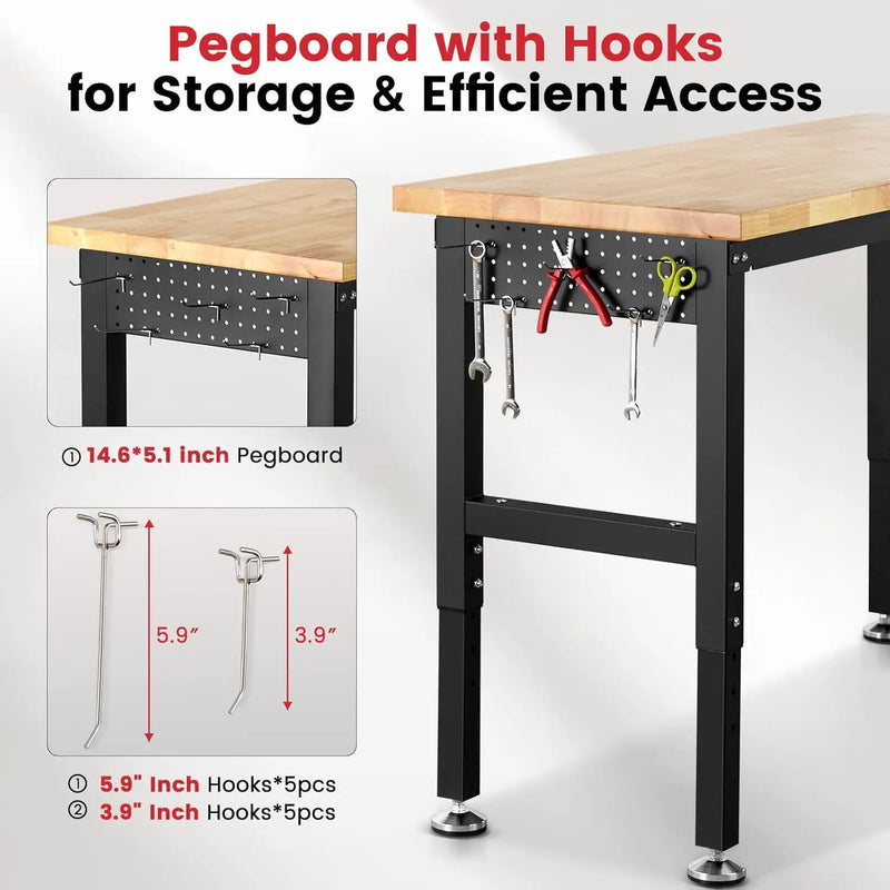 60 Inch Workbench for Garage Adjustable Height Work Bench with Pegboard Power Outlets Rubber Wood Tabletop Work Table for Cutting Wood Woodworking Shop Home Office Electronic by GreenHaven Gardens