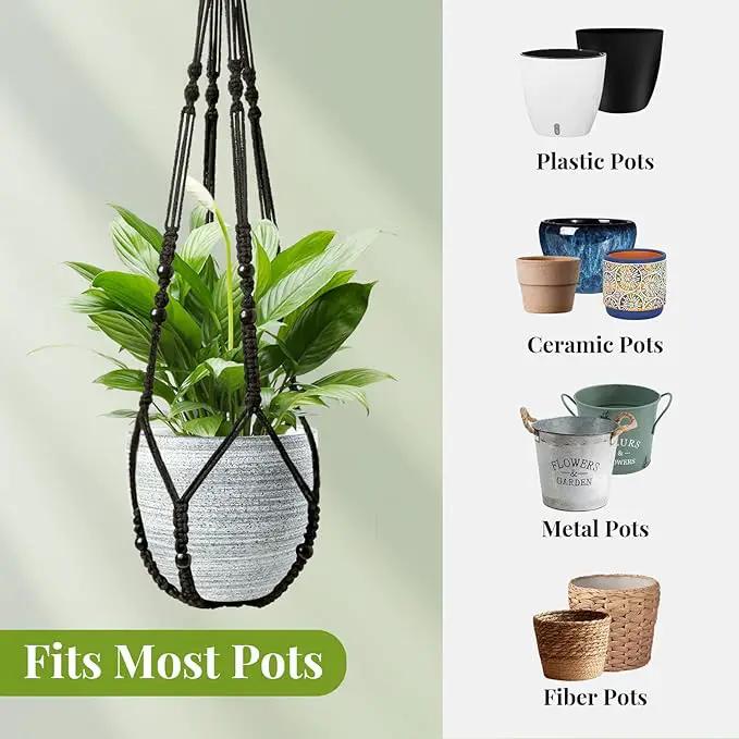 Macrame Plant Hanger Indoor Set of 2 with 4 Hooks, Indoor Outdoor Hanging Planter for Plants Holder with Decorative Wood Beads & No Tassels, Boho Home Decor, 35 Inch Black (Pots Not Included) by GreenHaven Gardens