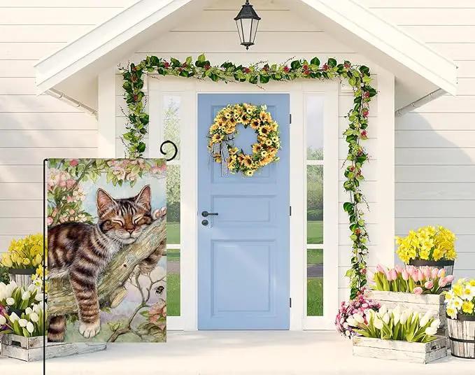 BLKWHT Spring Cat Garden Flag 12x18 Vertical Double Sided Pink Floral Farmhouse Holiday Outside Decorations Burlap Yard Flag BW573 by GreenHaven Gardens