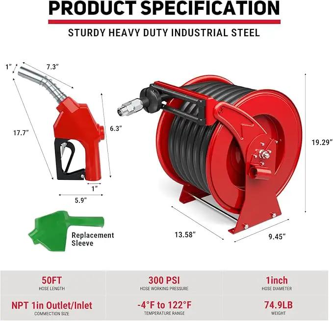 Fuel Hose Reel 1" x 50FT Extra Long Retractable Diesel Reel 300 PSI Auto Swivel Rewind Diesel Hose Reel with Fueling Nozzle Industrial Carbon Steel for Vehicle Tank Truck Trailer Ship, Red by GreenHaven Gardens