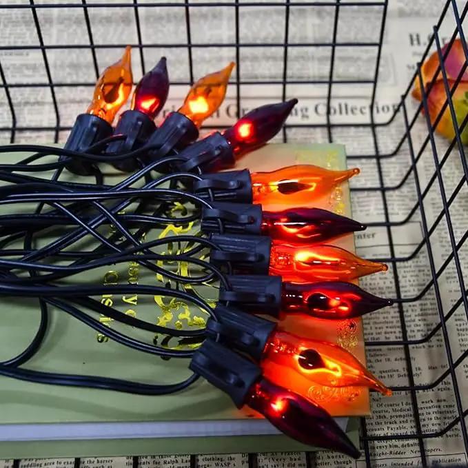 12.8Ft Halloween Decorations - Indoor/Outdoor Flickering Flame String Lights, Orange & Purple, 12 Pack C7 Flame Lights Bulbs by GreenHaven Gardens