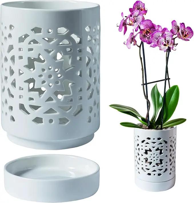 Orchid Pot 4 Inch, Orchid Pots with Holes & Saucers for Repotting Orchid, Breathable Slotted Flower Plant Nursery Pot White by GreenHaven Gardens