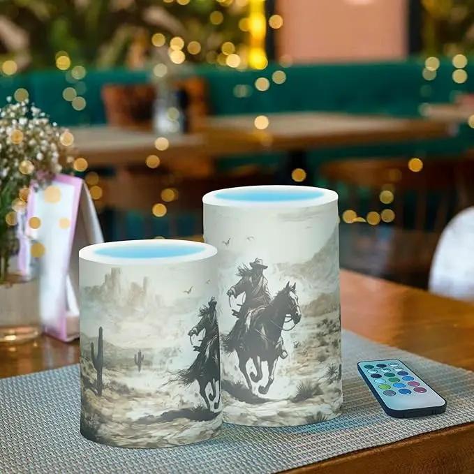 Western Desert Cowboy Flameless Candles with Remote Control and Timer, Adjustable Brightness Long Lasting Battery Operated LED Pillar Candles for Indoor Outdoor Party Home Decor, 2 Pack by GreenHaven Gardens