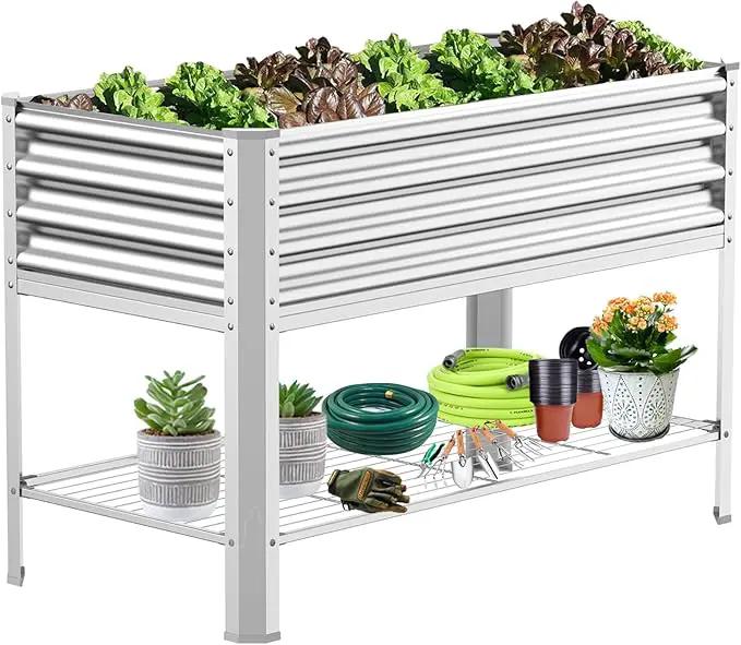 Raised Garden Bed with Legs, Galvanized Raised Planter Box with Storage Shelf and Drainage Holes, 48×24×32 Inch Large Metal Garden Bed Kit for Balcony, Backyard, Patio Lasts for Years of Use. by GreenHaven Gardens