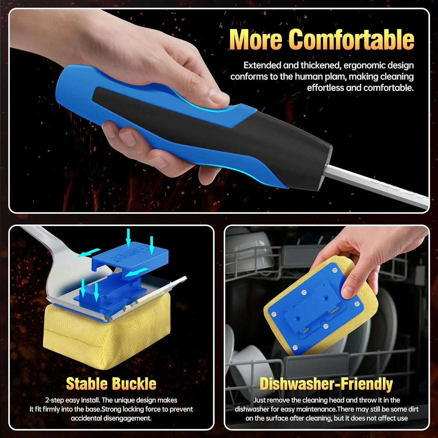 Grill Brush Bristle Free for Outdoor Grill, Steam Grill Cleaning Brush Replaceable BBQ Cleaner Brush Head,Extended Handle, Safe Grill Brush with Scraper for Cast Iron Stainless-Steel Grates, Blue by GreenHaven Gardens