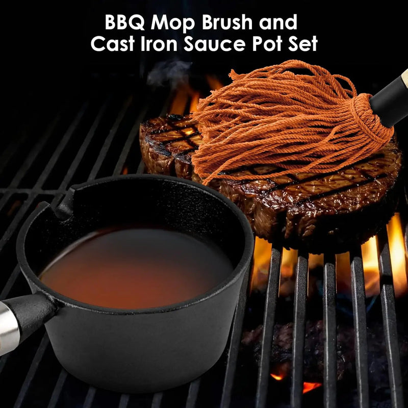 BBQ Mop Brush and Cast Iron Sauce Pot Set, 8Pcs Barbecue Accessories Include Basting Melting Pot, 2 Size Wooden Handle Sauce Mops with 4Pcs Replacements and Oil Brush for Meat Smoker, Grill, Stove by GreenHaven Gardens
