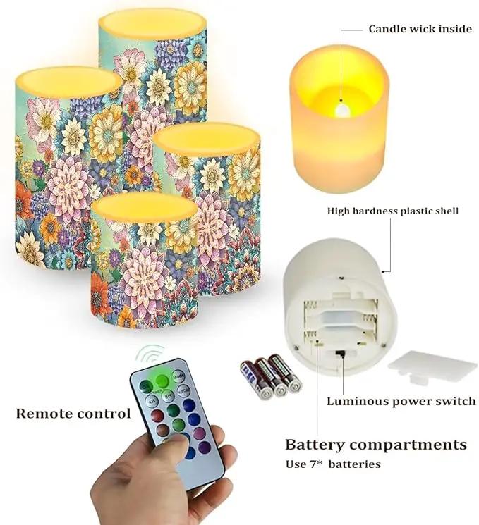 Flameless LED Candles Electric Candles with Remote Timer Control Long Lasting Pillar Candles Tealights Bohemian Style Home Outdoor Decoration Pack of 4, Boho Flower Purple Blue by GreenHaven Gardens