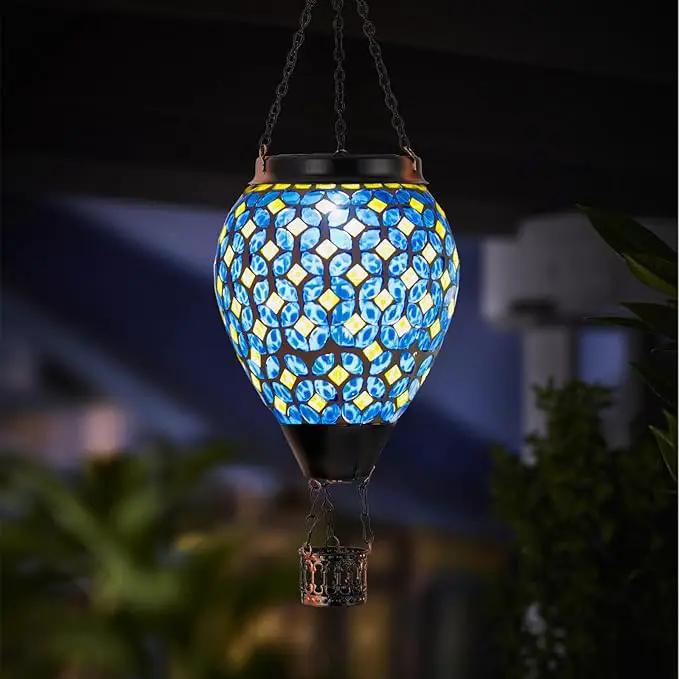 Mosaic Hot Air Balloon Solar Lantern with Flickering Flame, Blue Mosaic Hanging Solar Lantern Lights Outdoor Waterproof for Garden Patio Gifts for Women Mom Grandma by GreenHaven Gardens