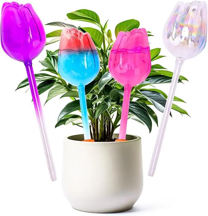 Plant Watering Globes Tulips, 4 Pcs Glass Self Watering Globes, Self Watering Planter Insert with Watering Spikes ,Automatic Plant Watering Devices,Large Watering Bulbs for Indoor & Outdoor Plants by GreenHaven Gardens