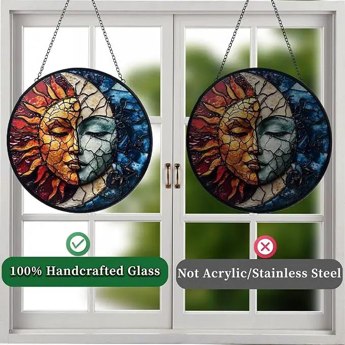 Sun and Moon Decor Suncatcher Stained Glass Window Hanging - Handmade Stained Glass Suncatchers Hanging Decoration with Metal Chain - Outdoor Garden Decor Gift for Women Christmas Thanksgiving Gifts by GreenHaven Gardens