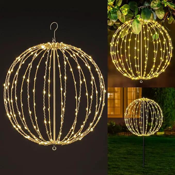 20IN Foldable Metal Frame Light Sphere - 200LED Hanging Tree and Pathway Light with Hook and Stake, UL Listed, White Frame, Warm White by GreenHaven Gardens