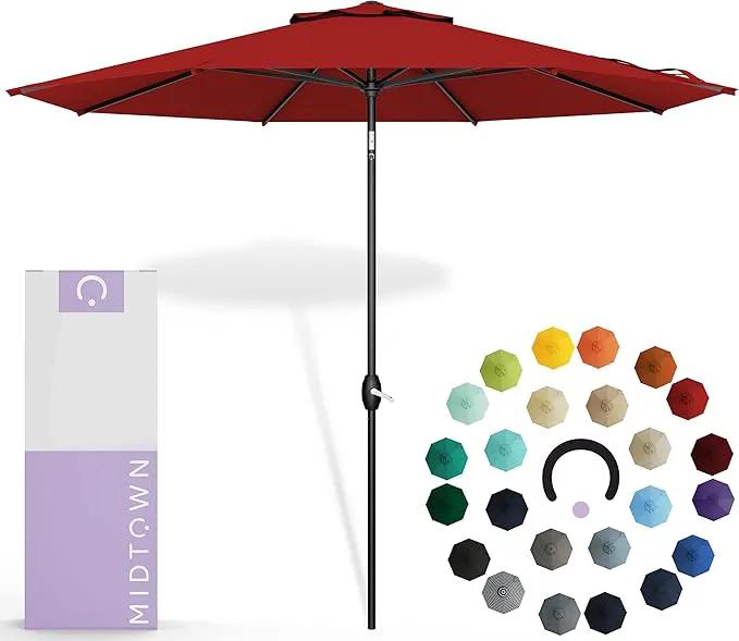 Midtown Umbrellas Sunbrella Umbrella 10 Feet Large Outdoor Umbrella With Sunbrella Red Acrylic Fabric - Auto-Tilt Aluminum Frame Large Patio Umbrella For Backyard, Deck, Garden, Pool - Black Pole by GreenHaven Gardens