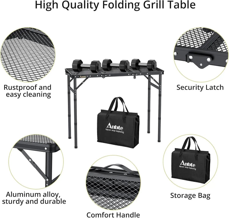 Folding Grill Table, Aluminum Camping Table Adjustable Height Max 27.5" Picnic Table Outdoor Table, Lightweight, Portable Handle for Travel Cooking BBQ Picnic, 35" x 16", Black by GreenHaven Gardens