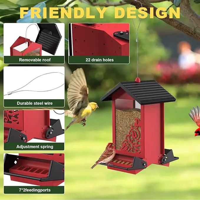 Squirrel Proof Bird Feeder for Outdoor Hanging,Metal Bird Seed Feeder with Bilateral Weight Activated Perches,5LB Large Capacity Wild Bird Feeders for Outside,Easy Refill and Clean,Red by GreenHaven Gardens