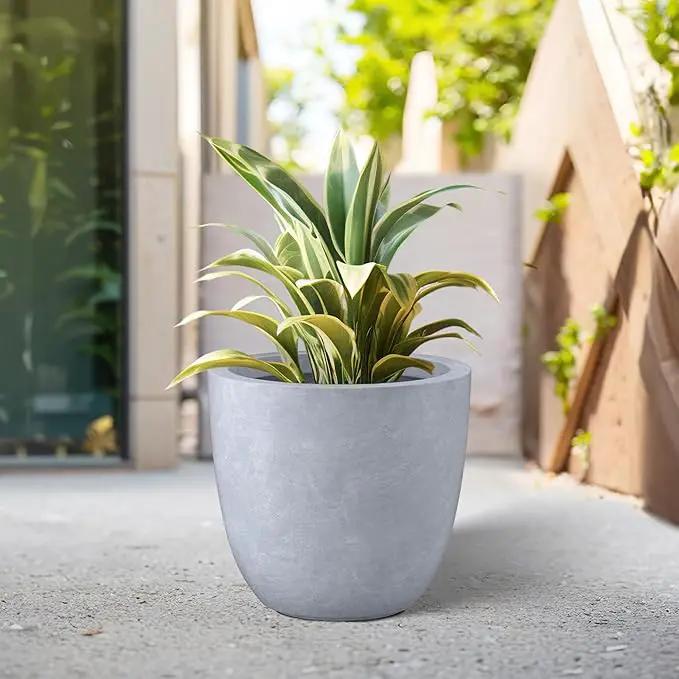 Kante 10 Inch Dia Round Concrete Planter, Indoor Outdoor Large Plant Pot with Drainage Hole and Rubber Plug for Home Patio Garden, Gray by GreenHaven Gardens