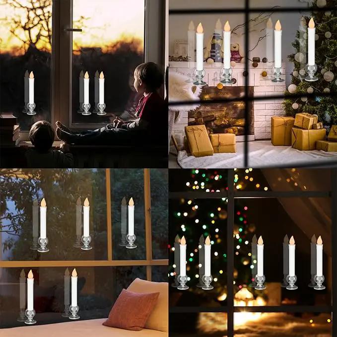 DRomance 9" Flameless Window Taper Candles Battery Operated with 8-Key Remote and Timer, 8 Pack White Christmas Holdiay Window Candles with Silver Holders, Suction Cups and AA Batteries Included by GreenHaven Gardens