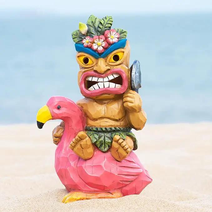 Solar Tiki Statue Flamingos Decor - Tiki Decorations Outdoor for Bar, Patio, Balcony, Yard,Lawn Ornament by GreenHaven Gardens