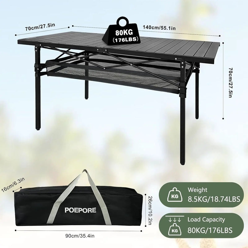 Large Folding Camping Table Aluminum with Storage for 4-6 People 55"X27.5" Roll Up Tall Outdoor Portable Table Lightweight with Carry Bag for Picnic BBQ Backyard Beach by GreenHaven Gardens