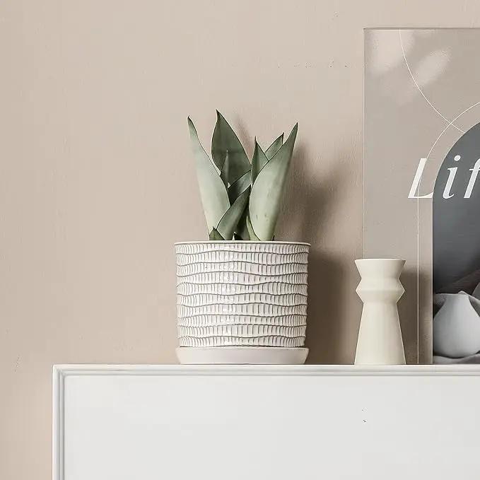 8 Inch Plant Pot: Ceramic Planter with Drainage Hole & Saucer - Cream White Flowerpot for Indoor & Outdoor Plants - with Separate Tray for Home & Office - Wave Embossed Design by GreenHaven Gardens