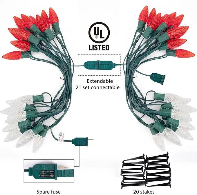C9 LED Christmas Lights Outdoor with Stakes, 25.7 Feet 20 LED C9 Strawberry String Lights, Connectable Shatterproof Pathway Lights Marker for Path, Lane, Patio, Xmas Holiday Decorations, Red and White by GreenHaven Gardens