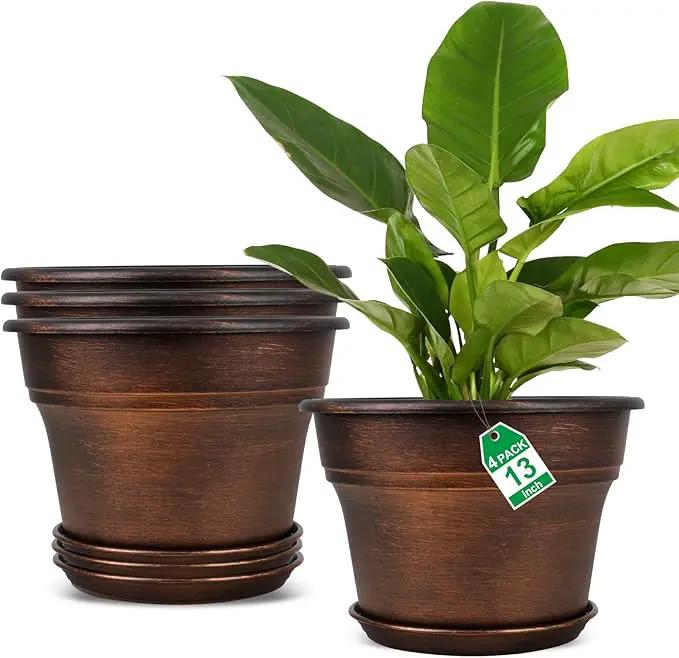 Plant Planters Pots Set of 4 Pack 13 Inch，Large Plastic Flower Pot for Indoor Plants with Drainage Holes & Trays, Resin Decorative Container Sets with Saucer for House Outdoor Garden Plant Copper by GreenHaven Gardens