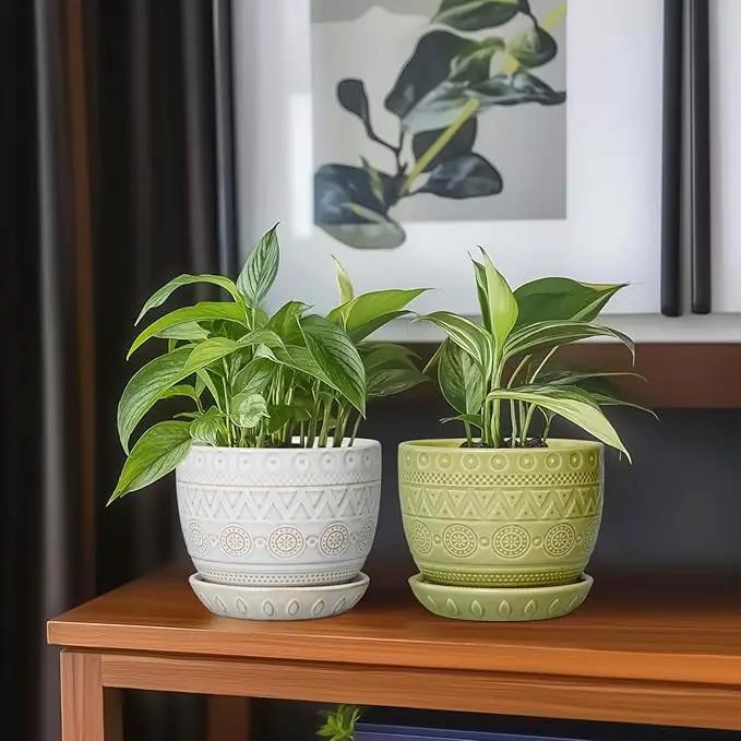 G EPGardening Indoor Plant Pot 5.5 Inch - Ceramic Planter with Drainage Hole and Saucer, Round Boho Plant Pot for Indoor Plants, Plant Lover Gifts, Home Garden Office Decor, Green by GreenHaven Gardens