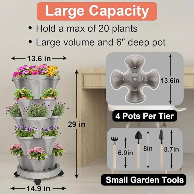Vertical Planter 5 Tier Stackable Planters Garden Planters Strawberry Herb Flower and Vegetable Planter Indoor Outdoor Gardening Pots with Removable Wheels and Tools 2-Pack by GreenHaven Gardens