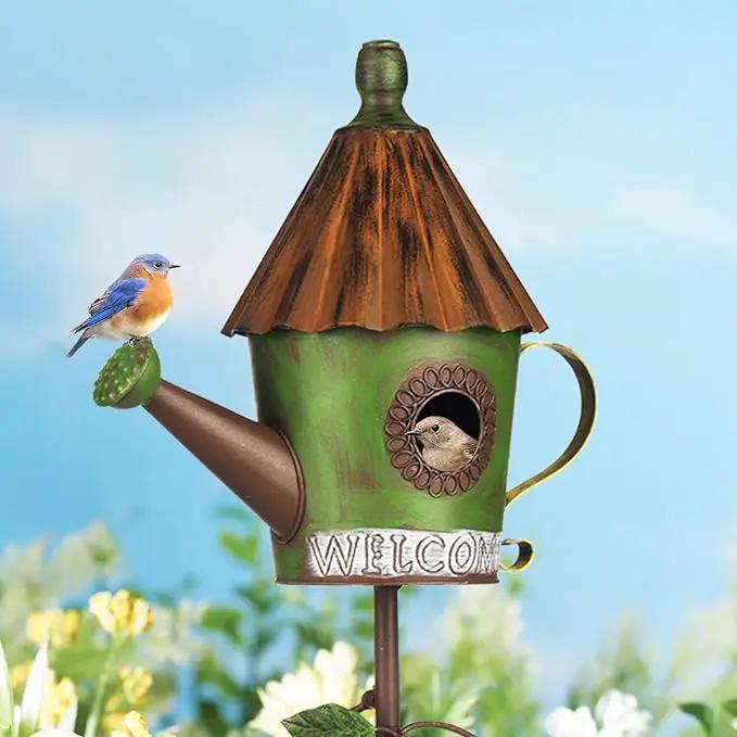 BAYN 57” Bird Houses Stake for Outside, Metal Watering Can Birdhouse Garden Stake Wild Bird Feeder Pole with Welcome Sign Outdoor Decorations for Patio, Backyard, Garden by GreenHaven Gardens