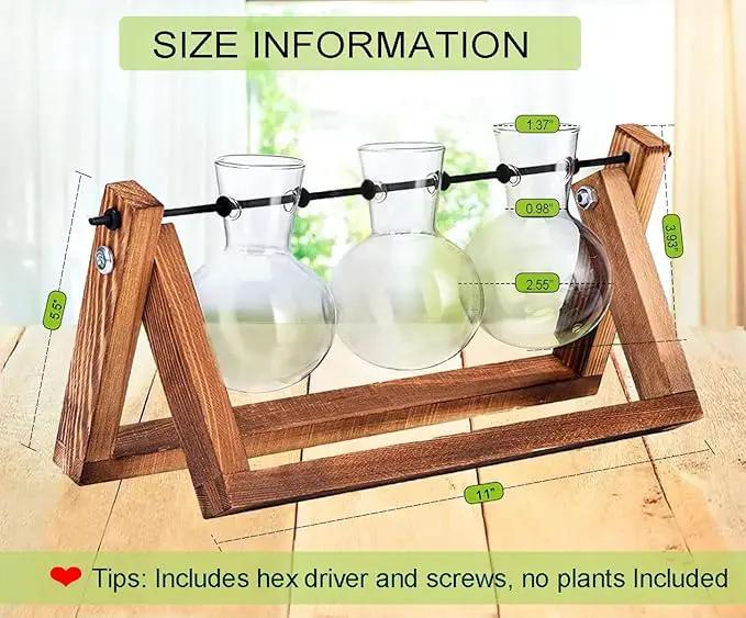 Kingbuy Plant Terrarium Propagation Station - 3 Glass Bulb Vases with Retro Wooden Stand Boho Desktop Planter for Hydroponics Home Garden Indoor Home Office Decor Unique Gifts for Women & Plant Lovers by GreenHaven Gardens