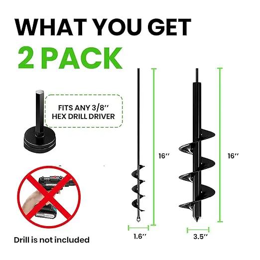 K-Brands Auger Drill Bit for Planting 2 Pack 1.6 x 16 Inch & 3.5 x 16 Inch Set – Garden Spiral Hole and Bulb Planter Tool for Umbrella Holes - Compatible with 3/8 Inch Hex Drive by GreenHaven Gardens
