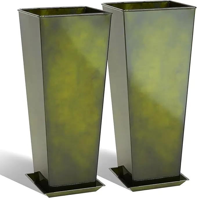 KOL Galvanized Steel Planter 25''H. with Saucer, Bright Glazed Planter with Drainage Hole, Set of 2, Tall Pots for Indoor & Outdoor Use, Decorative Flower Plant Pots for Porch, Patio, Deck - Green by GreenHaven Gardens
