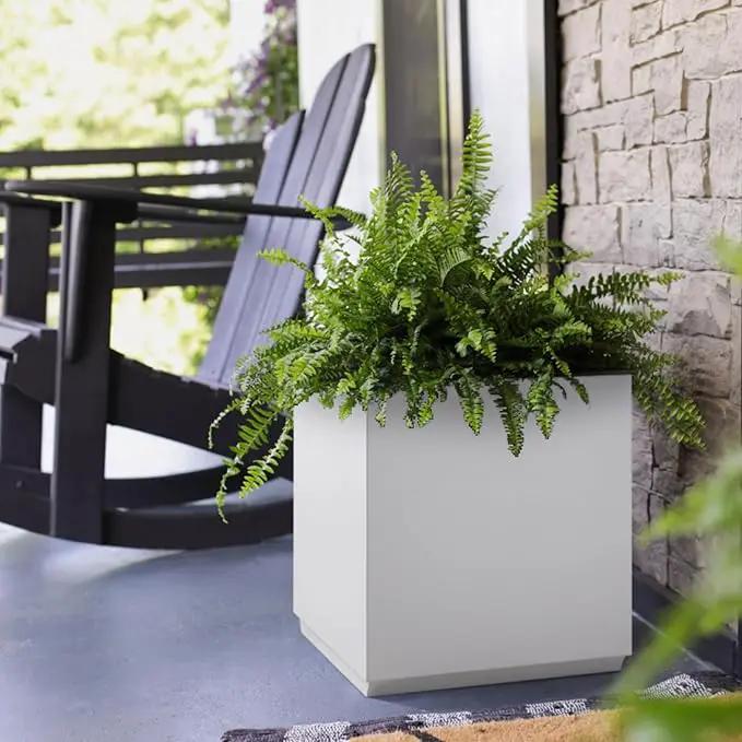 Metallic Heavy Cube Square Planter, No Assembly Required, Seamless Large Outdoor Planter, Tall Plants and Flowers 17'Lx17'Wx20'H 24lbs White by GreenHaven Gardens