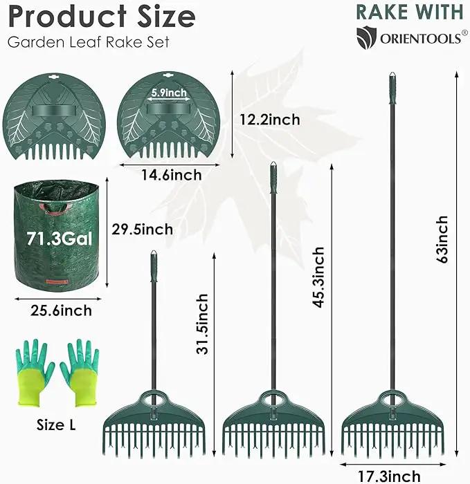 ORIENTOOLS 17Tines Double Row Garden Rake Set with 9Tines Leaf Hand Rakes, 272L Leaves Bin and Gardening Gloves for Scooping and Picking up Leaves, Clear and Collect Garden Rake Kit by GreenHaven Gardens