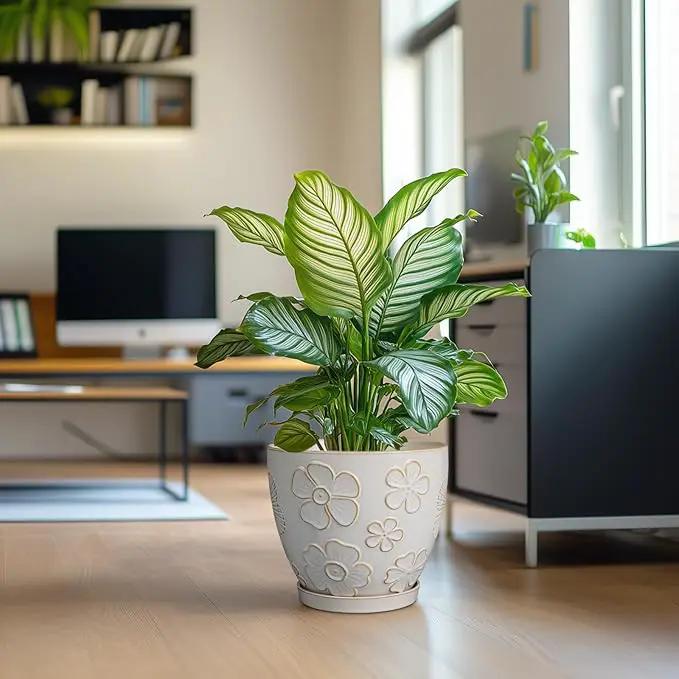 10 Inch Ceramic Planter Pot Large Plant Pot for Indoor Plants Outdoor Round Flower Pot with Drainage Hole and Saucer for Home Garden Decor White by GreenHaven Gardens