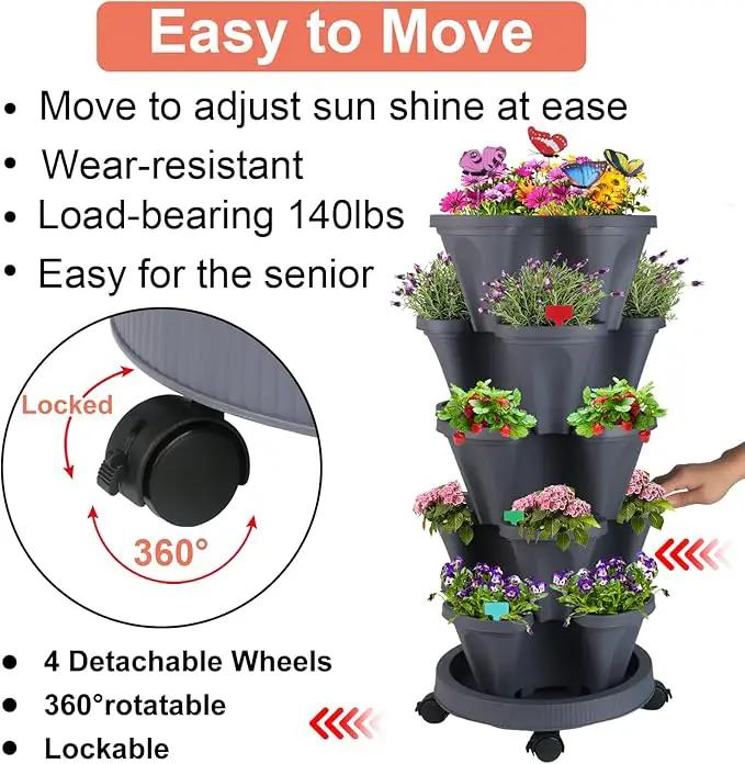 Vertical Planter, 5 Tier Stackable Strawberry Planter with Garden Tool Set, Movable Indoor/Outdoor Garden Herb Pot for Growing Vegetables and Succulents, Dark Gray by GreenHaven Gardens