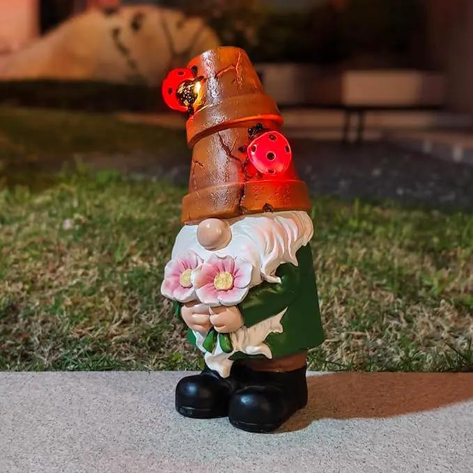 Garden Gnome Statues Outdoor Decor, Solar Gnomes with LED Lighted Flowers, Solar Resin Outdoor Statue Sculpture, for Woman Gift Home and Garden Decor by GreenHaven Gardens