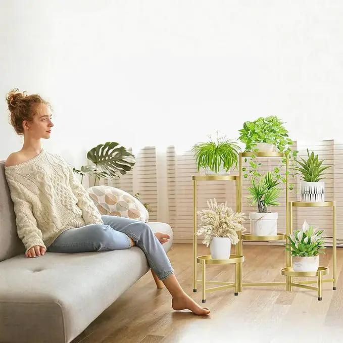 iDavosic.ly 6 Tier Large Plant Stand Indoor, 10 Inch Wide Tall Corner Metal Plant Stands Outdoor for Multiple Plants, Folding Tiered Flower Display Holder Rack Shelf, Gold by GreenHaven Gardens