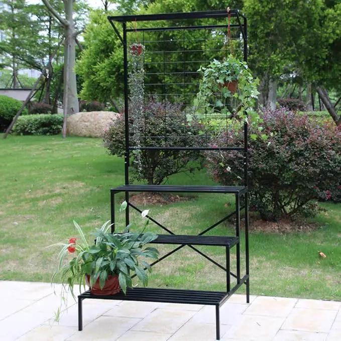 Zhongma 3 Tier Large Heavy Duty Plant Stand with Hanging Plant pot shelf, 35.43 x 33.27 x 78.74, Tall multi layer Plant Holder for Home, Garden, Each Tier: 35.43 L x 10.5W, Easy to Hold Large Plant by GreenHaven Gardens