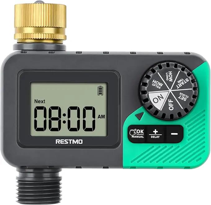 RESTMO Sprinkler Timer with Brass Inlet, Water Timer for Garden Hose, Rain Delay/Manual/Automatic for Outdoor Faucet, Drip Irrigation and Lawn Watering System by GreenHaven Gardens