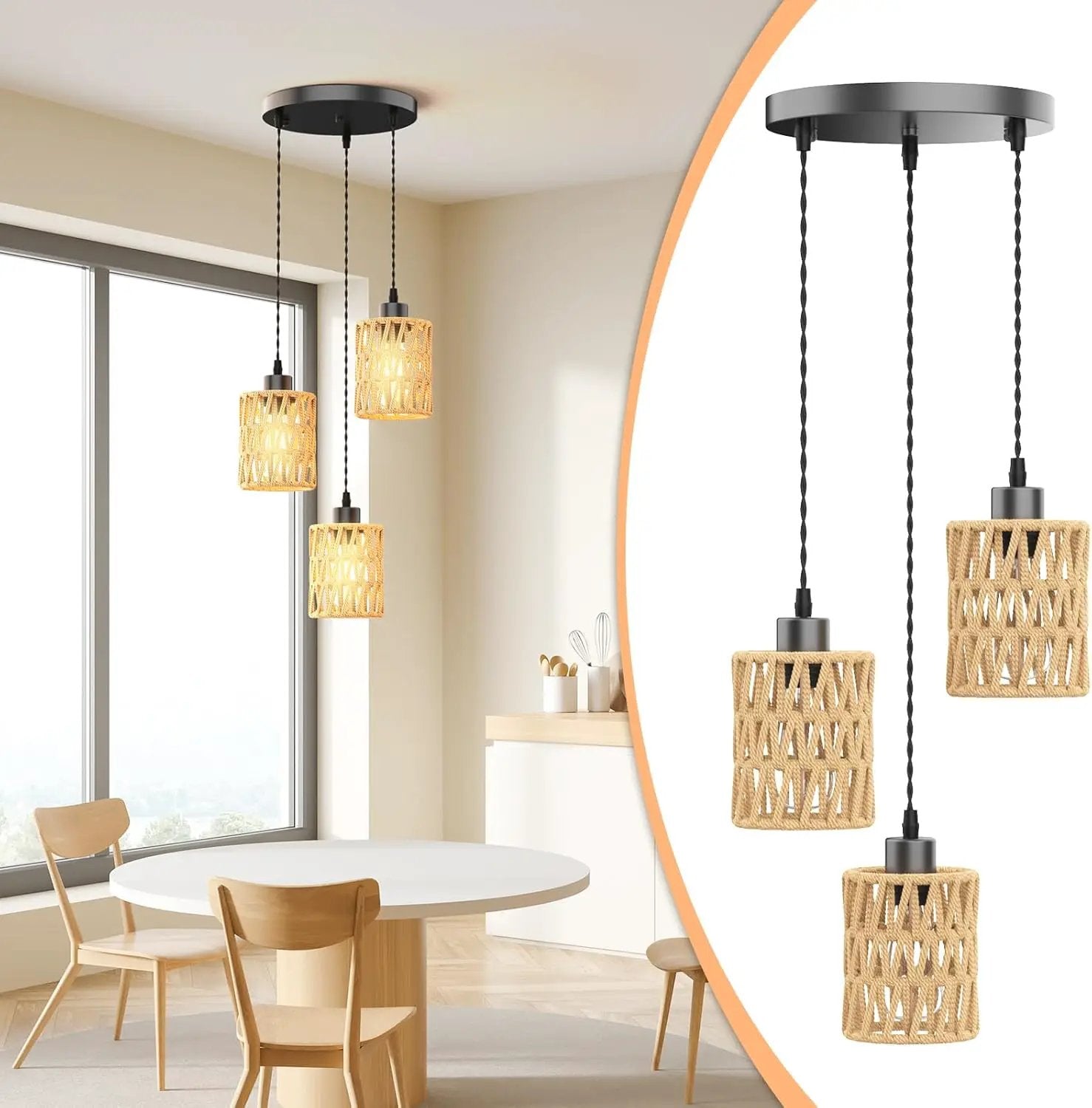 3 in 1 Farmhouse Hemp Rope Pendant Light - Rustic Hand-Woven Rattan Hanging Light Fixture for Kitchen Island,Dining Room,Bedroom- Wicker Cage Chandelier-Coastal/Nautical/Boho Style Lighting Fixture by GreenHaven Gardens