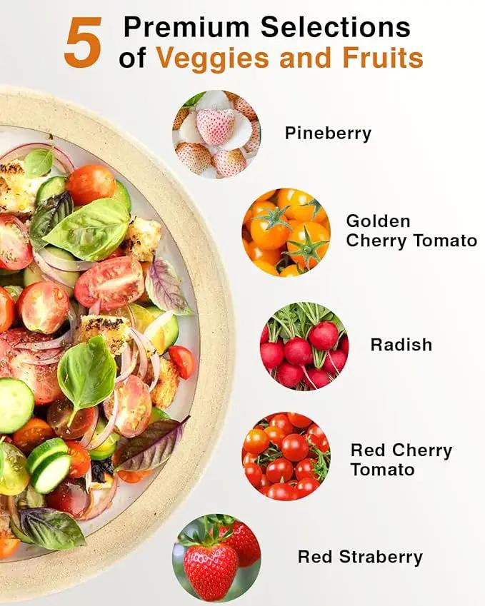 Red Strawberry and Pineberry Seed Pod Kit for AeroGarden, iDoo, Ahopegarden, MUFGA with Red Strawberry, Pineberry, Radish, Red Cherry/Golden Cherry Tomato - Compatible with All Hydroponics (7-Pod) by GreenHaven Gardens