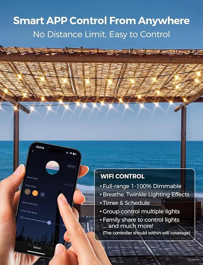 XMCOSY+ Patio Lights, Smart 50Ft Outdoor String Lights with 25 Dimmable G40 Globe Bulbs, APP Control, Work with Alexa, Connectable Waterproof LED Outdoor Light by GreenHaven Gardens