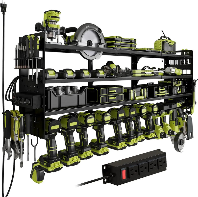 12 Cordless Drill Holder Large Power Tool Organizer Wall Mount with Side Pegboard & Screwdriver Holder, 4-Tier Heavy Duty Metal Tool Storage Rack with 4-Outlet Power Strip by GreenHaven Gardens
