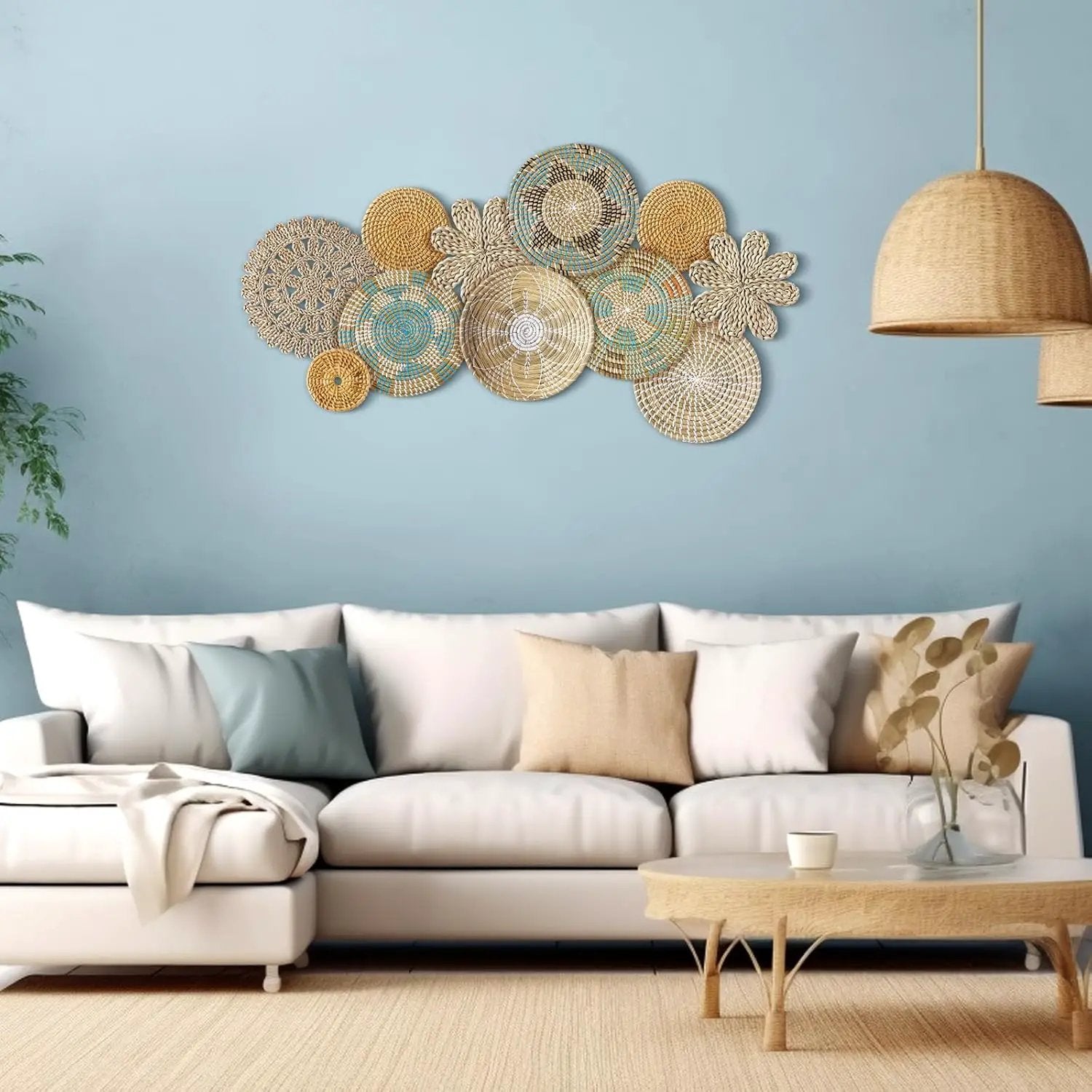 Xuhal 11 Pcs Boho Hanging Wall Basket Decor Handmade Woven Basket Wall Decorative Boho Wicker Baskets Placemats Round Farmhouse Bulrush Art for Rustic Home Decorations Christmas Gift(Bright) by GreenHaven Gardens